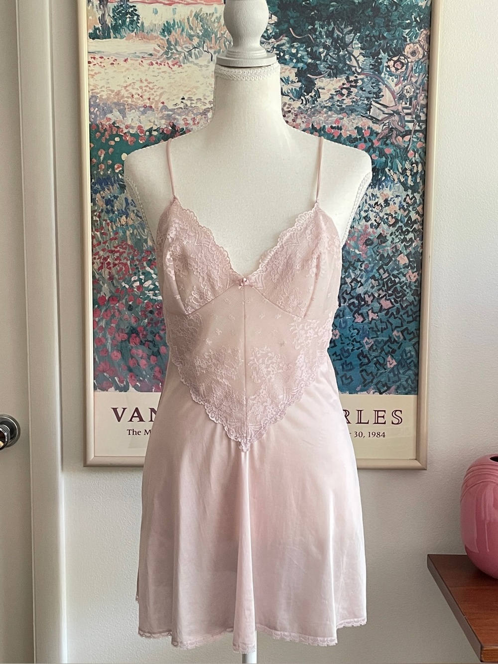 Vintage 70s Pink Satin Lace Slip Mini Dress XS/S Basque Coquette Bridal Lingerie
